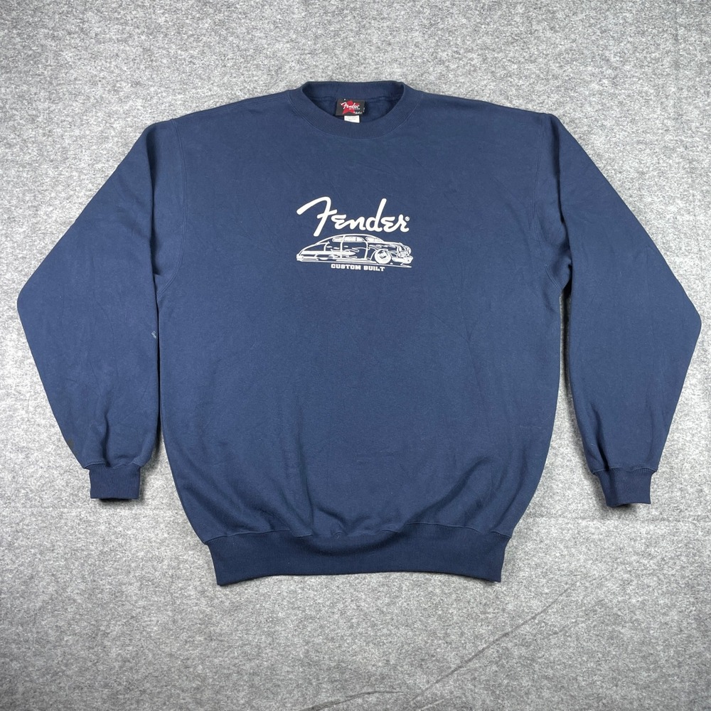Fender Sweatshirt Mens XL Navy Blue Custom Built Hot Rod Car Crew Neck Pullover